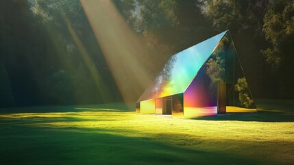 Prismatic House in Sunlight: A shimmering iridescent house stands in a sun-dappled meadow, its reflective surface casting a vibrant rainbow of colors across the green grass.