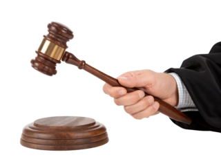 Judge's Gavel with Hand in Courtroom Isolate on transparent background cutout, PNG file, Cutout file