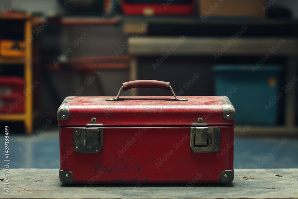 Poster vintage red toolbox resting on a workbench in a workshop.