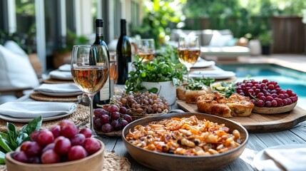 Obraz premium Outdoor dining table laden with a variety of dishes, fruits, and drinks
