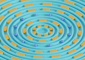 A bright blue spiral maze decorated with yellow blocks and blue balls, forming a dynamic, playful pattern.