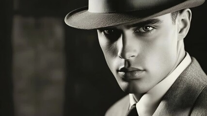 Young man wearing a fedora hat and suit posing with a serious expression in a dimly lit setting - Powered by Adobe