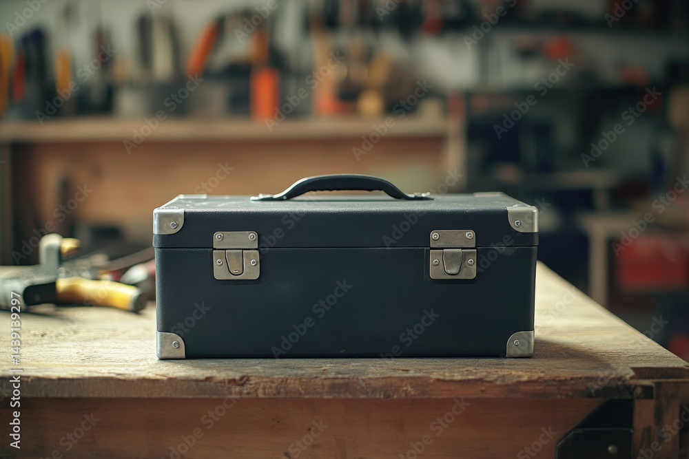 Poster dark gray toolbox resting on a wooden workbench in a workshop.