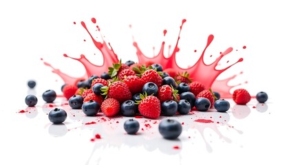 Vibrant splash of fruit juice over fresh strawberries and blueberries pile