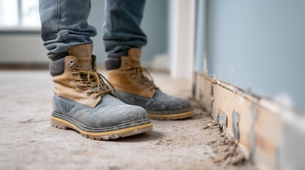 Contractor works diligently to remove damaged wall paneling in a basement affected by flooding, using protective boots and tools in a well-lit environment