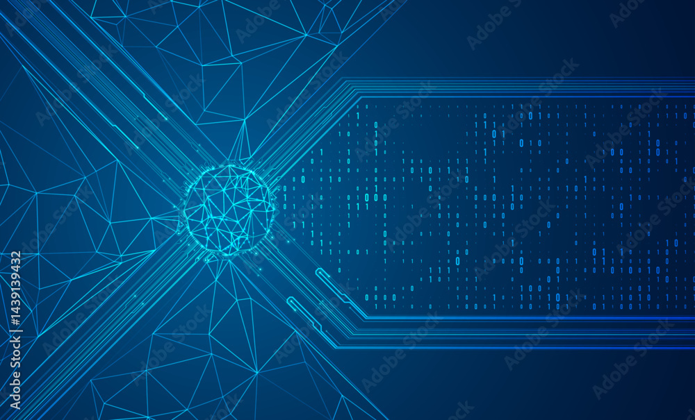 Poster abstract technology background with polygonal lines and code. artificial intelligence illustration. 