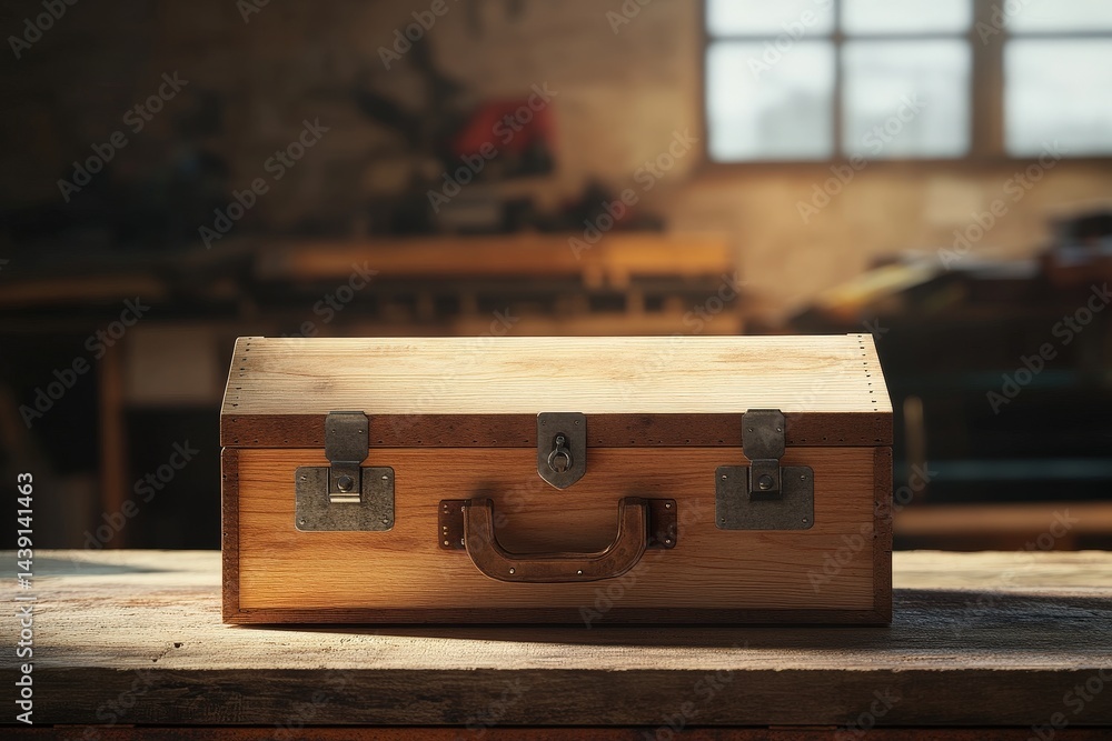 Poster wooden toolbox resting on a workshop table.