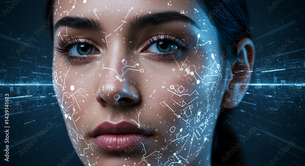 Aufkleber ethereal glowing geometric patterns overlay on womans face with futuristic cityscapes and digital da