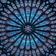 Close-up of a Notre Dame rose window, intricate stained glass design - Christianity Nobody Building Panel Historic
