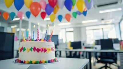 Farewell party scene with decorations and a cake in the office.