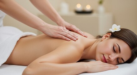 Obraz premium Serene Spa Scene Fair Skinned Woman Relaxing on White Linen Covered Massage Table Receiving Shoulder Massage in Soft Light