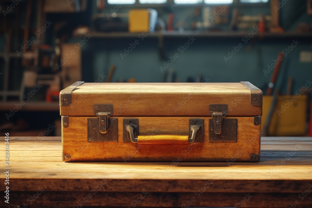 Aufkleber wooden tool case on a rustic workbench in a workshop setting.