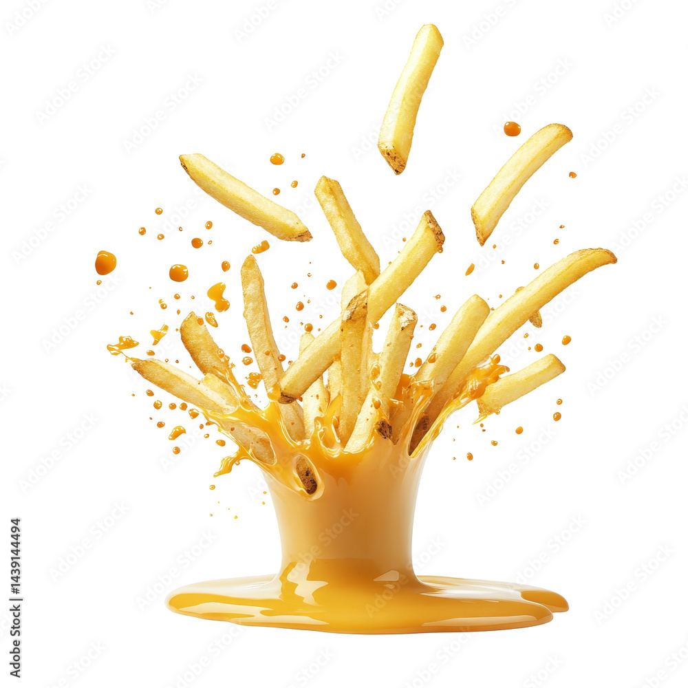 Aufkleber french fries splashing in golden sauce, isolated on a transparent background with dynamic action and