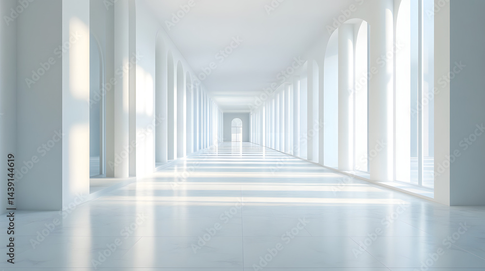 Poster serene corridor space modern architecture minimalist design bright atmosphere perspective view