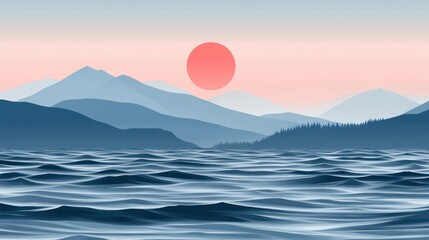 Tranquil mountain range reflecting on a serene ocean at sunrise