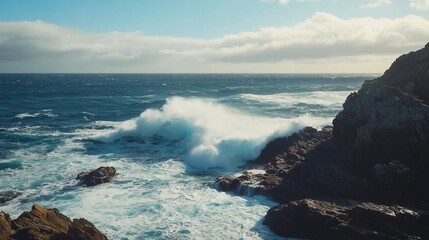 Roaring Waves Crashing Against Rugged Cliffs Under a Partly Cloudy Horizon