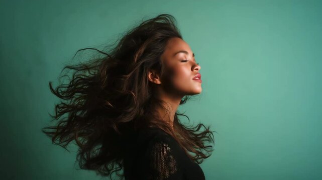 A woman with closed eyes and flowing hair poses peacefully against a solid teal background.
