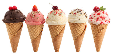 variety of ice cream cones in a row isolated on a white background png