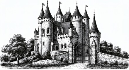 Fototapeta premium Castle sketch isolated on white background, Vintage line art illustration, scratchboard style, black and white, detailed hatching and shading