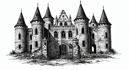 Obraz premium Castle sketch isolated on white background, Vintage line art illustration, scratchboard style, black and white, detailed hatching and shading