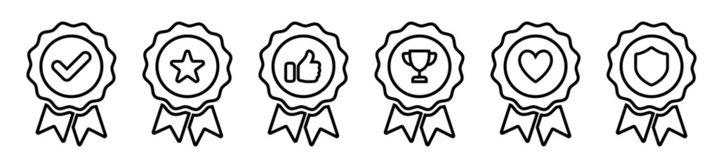 Award badges with checkmark, star, thumbs up, trophy, heart, and shield icons, symbolizing success, excellence, approval, achievement, care, and security. Perfect for certifications. Badge, icons.