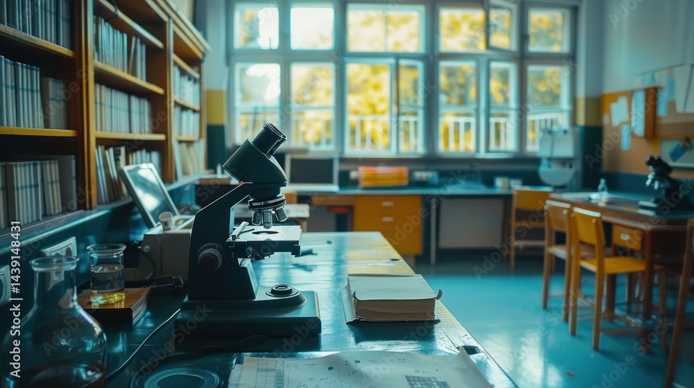 Poster empty science lab with microscopes and computers stock photo --ar 16:9 --raw --v 6 job id: 47001adc-