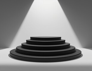 Obraz premium 3D spotlight illuminates a tiered black pedestal