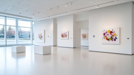 Modern art exhibition in a bright, minimalist gallery space