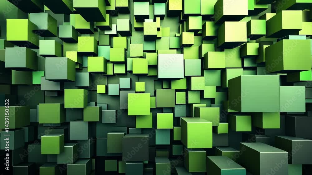 Poster dynamic green cubes creating abstract geometric animation in motion