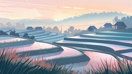 Fototapeta premium Minimalist rice terraces glow in morning light, art style with soft pastel colors and geometric shapes rural village houses.