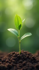 Peaceful young seedling growing from rich soil outdoors