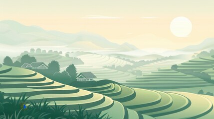 Pastel rice terraces glow in morning light houses dot hills in minimalist  art soft gradients and clean geometric lines define this peaceful scene.