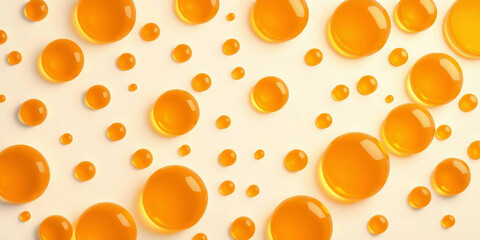 a collection of translucent, amber-colored bubbles of varying sizes against a plain white background 