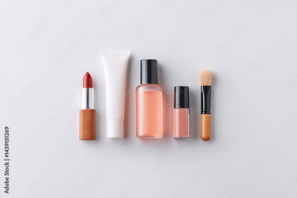 Poster array of everyday cosmetic products neatly arranged on pristine white background creates striking co