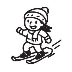 Hand Drawn Black and White Icons of Kids Playing in the Snow and Winter Sports