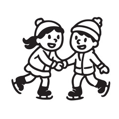 Hand Drawn Black and White Icons of Kids Playing in the Snow and Winter Sports