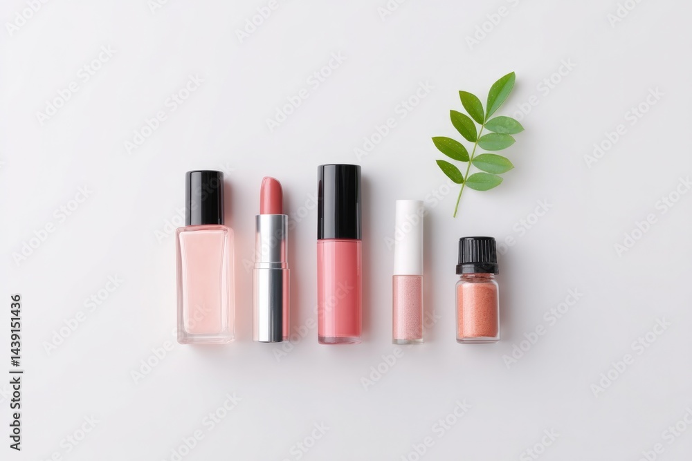 Poster array of everyday cosmetic products neatly arranged on pristine white background creates striking co