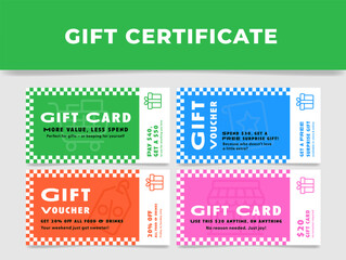 Colorful gift certificate designs featuring various value offers for food and drinks