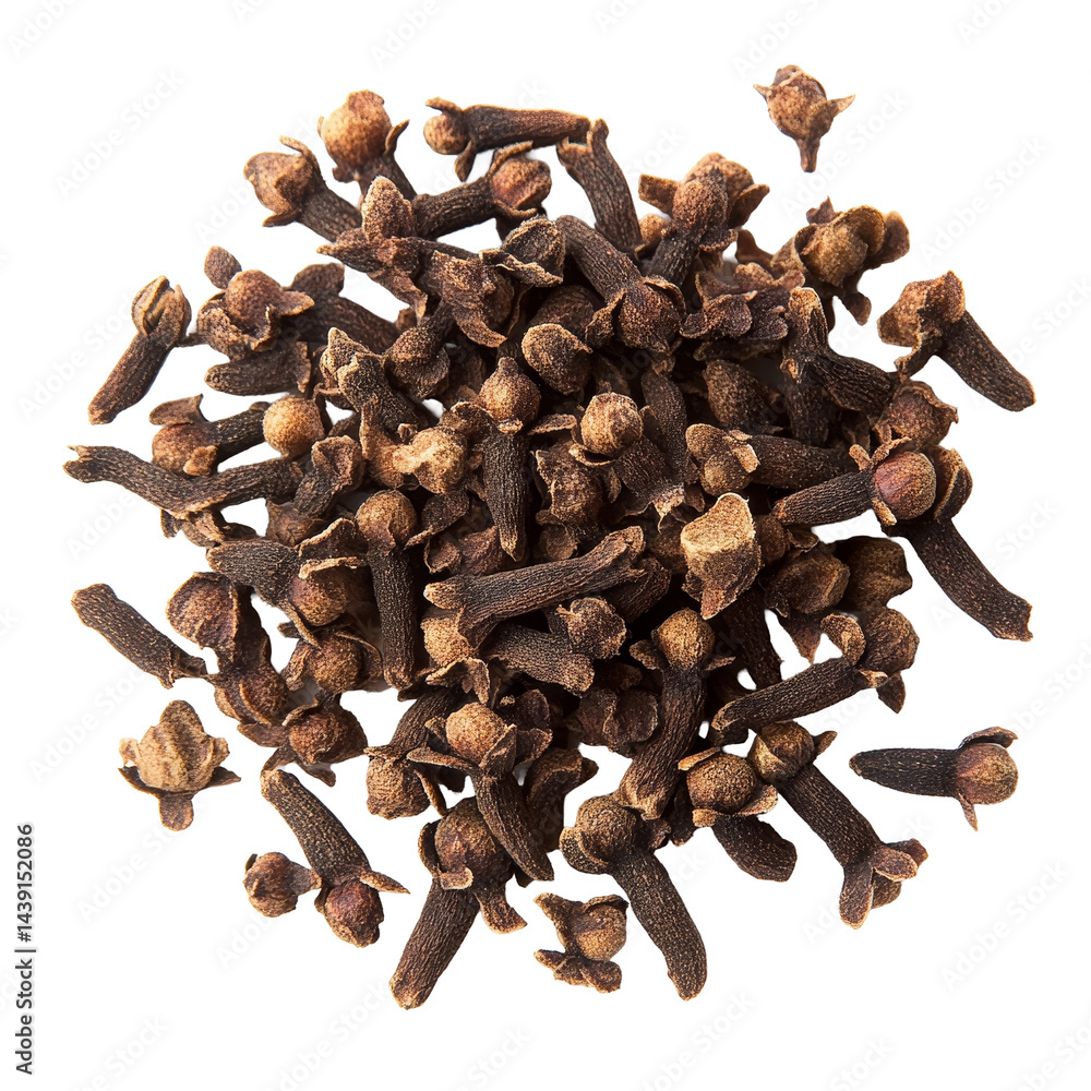 Poster whole spice cloves arranged on a clean transparent background showcasing their unique shape and text