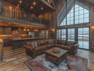 Cozy living room with leather couch, wooden walls and view of snowy landscape. Depicts luxury and comfort, suitable for real estate, interior design ads.