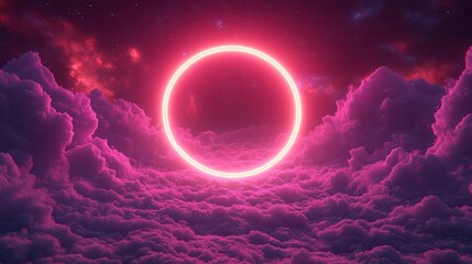 Pink neon circle, cosmic clouds