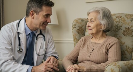 Fototapeta premium Doctor and elderly woman conversing in a cozy room 