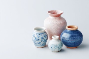 artistically arranged composition of traditional chinese ceramics against plain white background