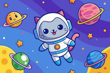 Astronaut Cat in the Space with Planets and Stars