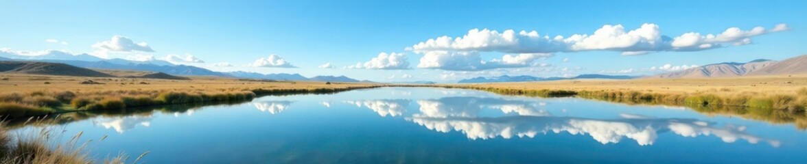 Vast prairie lake mirroring blue sky, serene clouds , reflection, meadow