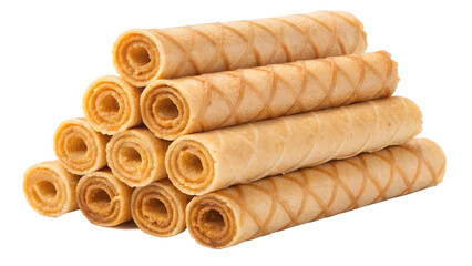 Delicious Wafer Rolls: A close-up shot showcases a stack of appetizing wafer rolls, with their golden-brown color and crispy, textured surface. Ideal for culinary projects.