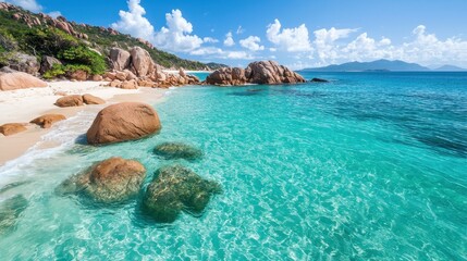 Fototapeta premium Tranquil Seaside View with Clear Waters and Scenic Rocky Shoreline Under Bright Blue Sky