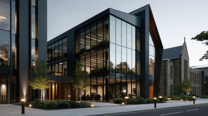 Obraz premium Sophisticated Modern Office Building Beside Historic Stone Structure