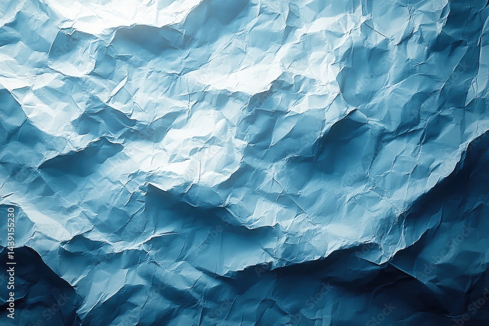 Poster blue-toned crumpled paper shows a texture of folds and sharp shadows. great for backgrounds needing 