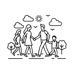 family walking in park icon, family walking in park line art - simple line art of family walking in park, perfect for family walking in park logos and icons